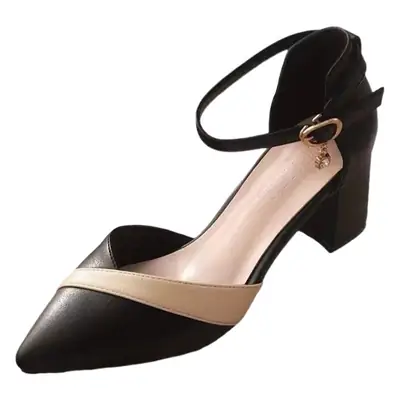 Korean Style Pointed Toe Heels Black Beige Medium Heel