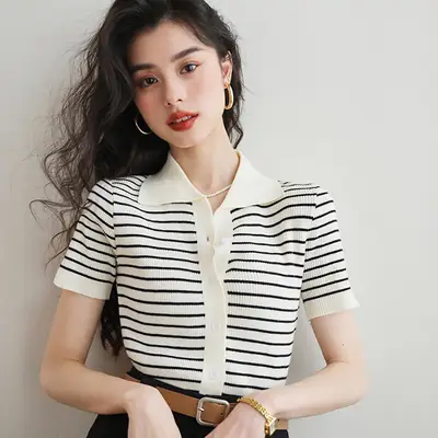 Women Striped Polo Short Sleeve Spring Summer