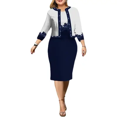 Two-Piece Women's Dress Navy Blue Digital Printed Large