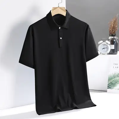 Men Black Polo Shirt Short Sleeve Lapel Business Casual