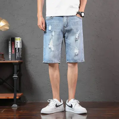 Men Ripped Denim Shorts Mid-Length Summer Wear