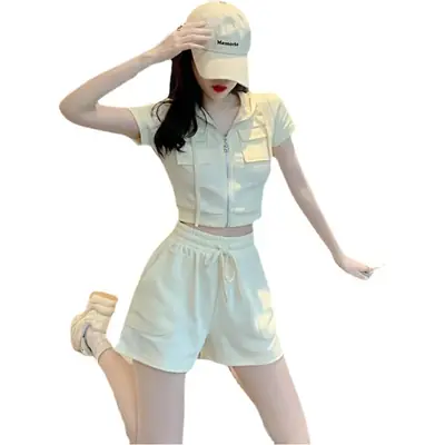 Women 2-Piece Zipper Hooded Shorts Suit Cream Summer