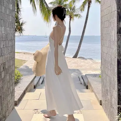 White Elegant V-Neck Streamer Dress with Sling Strap