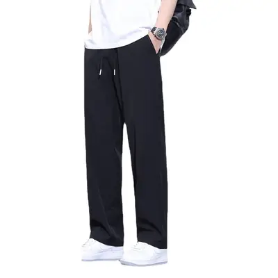 Men Black Ice Silk Casual Trousers Quick Dry Loose Straight Drape