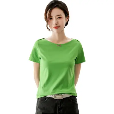 Women's 2025 Black Short Sleeve T-Shirt with One-Line Collar