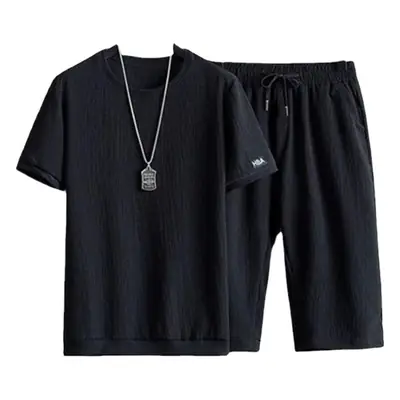 Men Black Ice Silk 2Pc Shorts Set Summer Casual