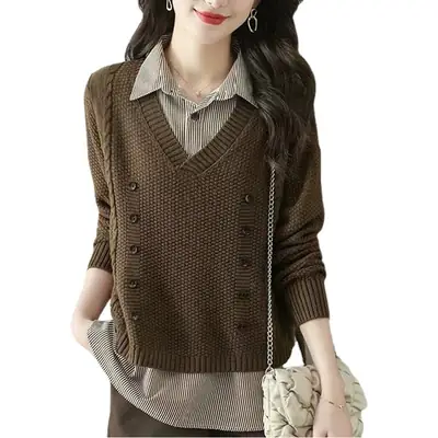 Women Knit Spliced Collar Shirt Olive Green 2025