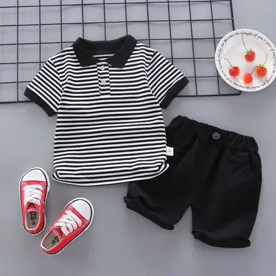Boys Striped T-Shirt Shorts Set White Black Casual Summer