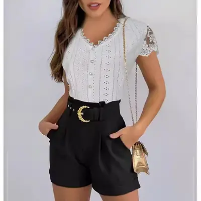 Pink Lace V-Neck Short Sleeve T-Shirt Top