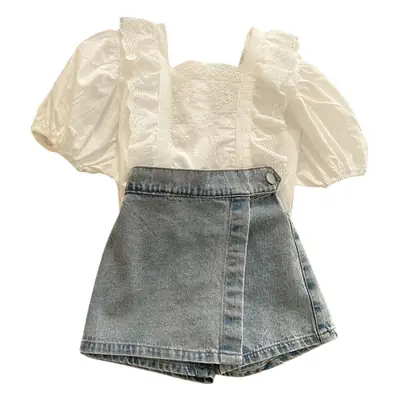 White Lace Short Sleeve Top & Jeans Set