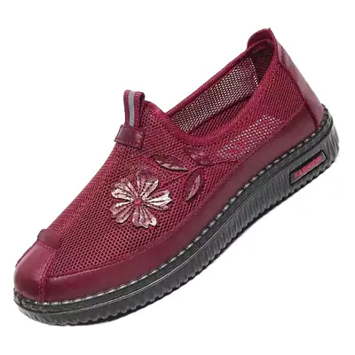 Women's Maroon Mesh Slip-On Shoes with Embroidered Flower Design