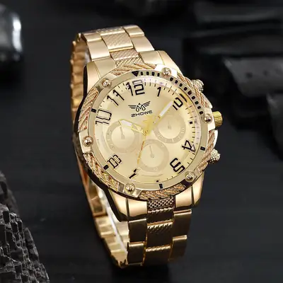 Gold Chronograph Watch for Men with Blue Dial & Three Eyes