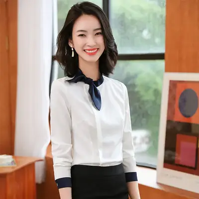 Women's Long Sleeve Shirt with Neck Bow Blue Skirt Set