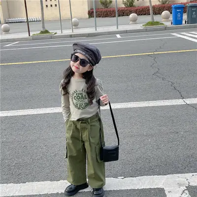 Girls 2Pc Jazz Style Army Green T-Shirt & Overalls Set