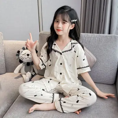 Girls 2-Piece Cotton Pajamas Green Lace Dog Print