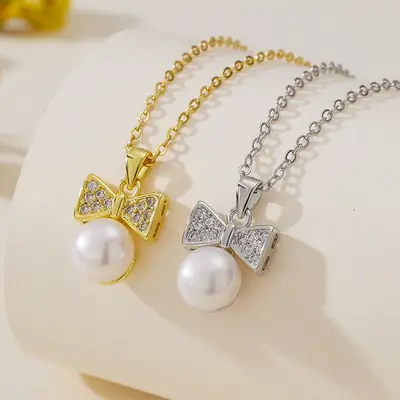 Women's Pearl Bow Pendant Necklace with Zircon Accents