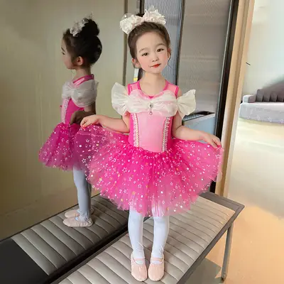 Girls Ballet Skirt Practice Suit Pink Sparkly Summer Dance Suit