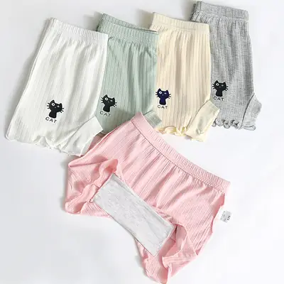 Girls Cotton Cat Print Shorts Grey Ruffled