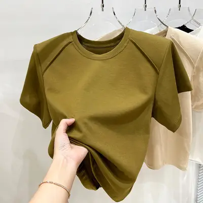 Women's New Style Shoulder Short Sleeve T-Shirt Beige