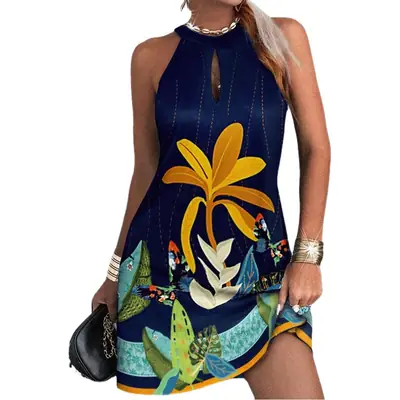 Black Floral Halter Sleeveless Dress for Women