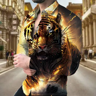 3D Printed Tiger Dragon Long Sleeve Shirt for Men