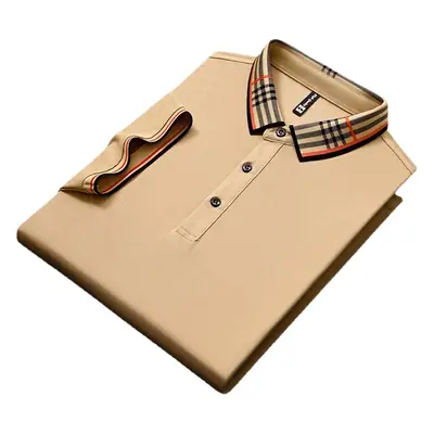 Men's White Polo Shirt with Plaid Neckband Large