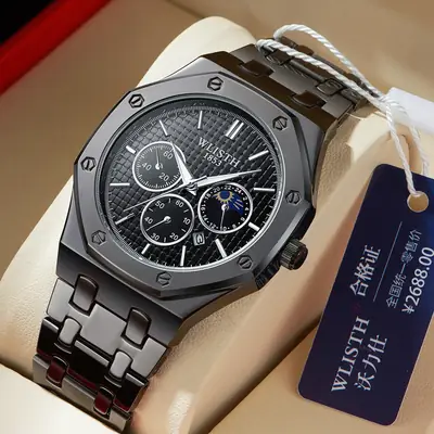 Men's Swiss Brand Waterproof Chronograph Watch Black Steel Band
