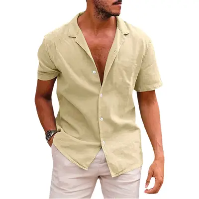 Men's 2023 Cotton Linen Casual Shirt Beige Short Sleeve