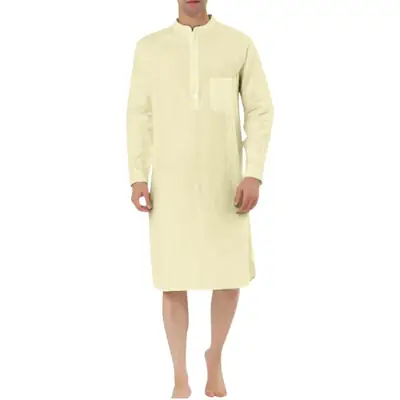 Men's Light Yellow Arabic Style Muslim Robe with Pocket
