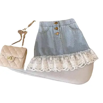 Girls' Lace Step Denim Skirt Blue White