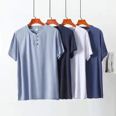 Men Cotton Silk Button T-Shirt Navy Blue Large