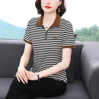 Women Striped Polo Collar Top Large 2023
