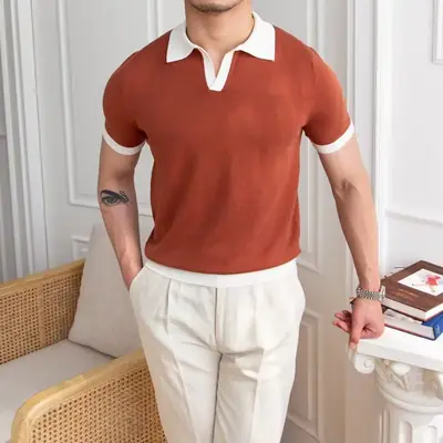 Men's Red Polo Shirt White Pants 2025 Summer