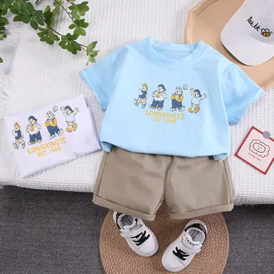 Kids Cartoon Print Short Sleeve T-Shirt Set Brown Shorts