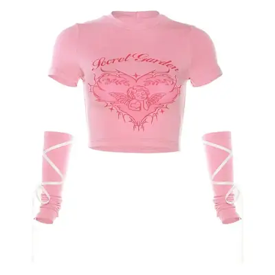 Pink Printed Crop Top with Navel Exposed Design for Women