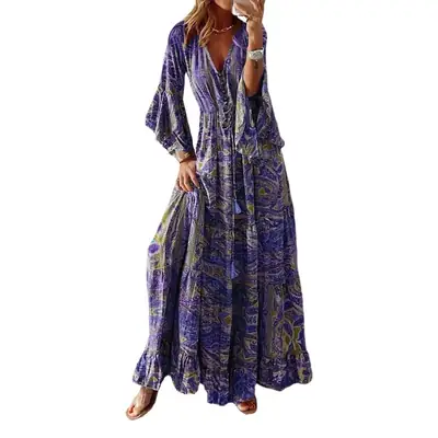 2023 Bohemian Flare Sleeve V-Neck High Waist Dress