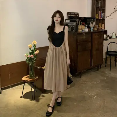 French Retro Sling Dress Women Summer Black Top Beige Skirt