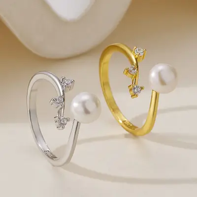 Korean Pearl Zircon Open Ring for Women