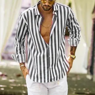 Men Striped Long Sleeve Lapel Shirt Navy White