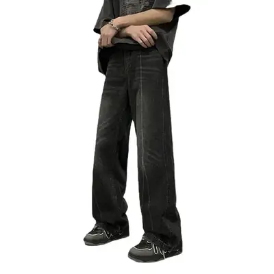 Men's Black Straight Cut Denim Pants Spring Loose Fashion