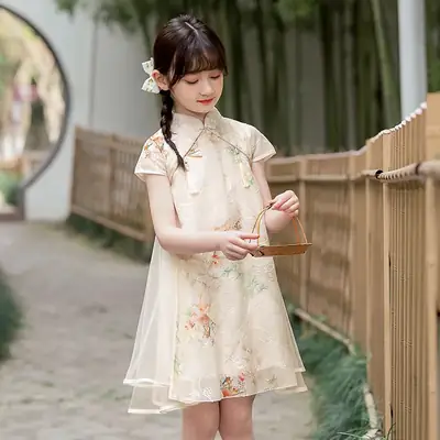 Girls Chinese Tang Suit Cheongsam Dress Blue White
