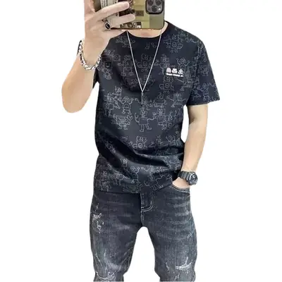 Men's Printed T-Shirt Dark Blue Round Neck Casual Wear