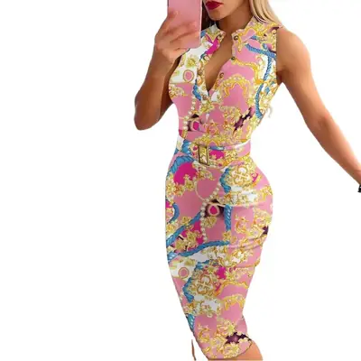 Women's Button Belted Body Con Fit Yellow Dress