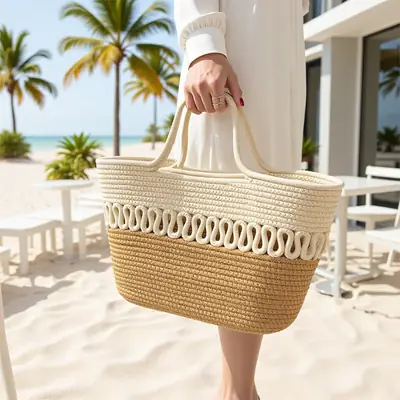 Women's Straw Shoulder Bag Blue Top Hat Design