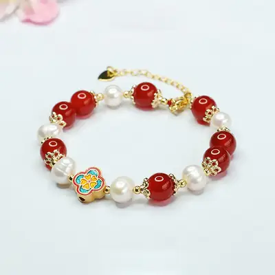Red Pearl & Four Leaf Clover Bracelet for Women