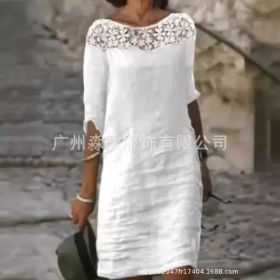 White Cotton Lace Dress Round Neck Half Sleeve 2024