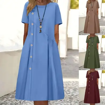 2025 Button Mid-Length Casual Dress Brown