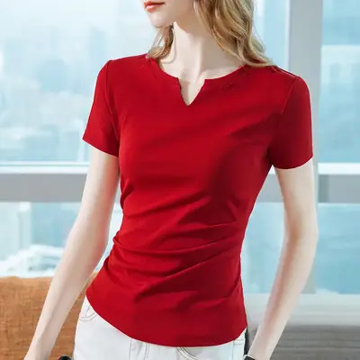 Women Red V Neck T-Shirt Summer 2025