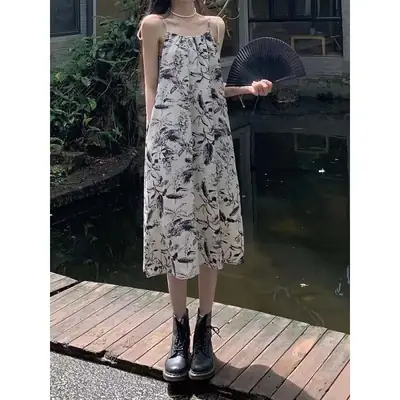 Vintage Ink Printed Women's Summer Dress Mid-Length Loose Skirt