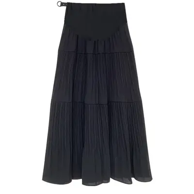 Black Pleated Belly Midi Skirt for Pregnant Women